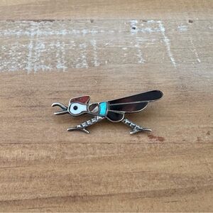 Roadrunner Zuni Inlay Brooch Vintage Turquoise Coral 1.5” Possibly 925 NATIVE Am